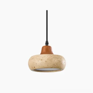 Wella travertine pendant light with integrated LED, featuring natural yellow stone and walnut wood accents on white background