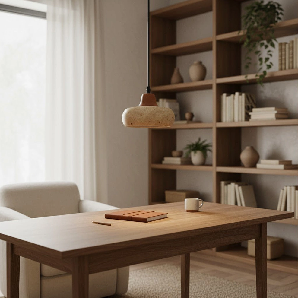 Wella travertine pendant light in home office space above wooden desk and bookshelf
