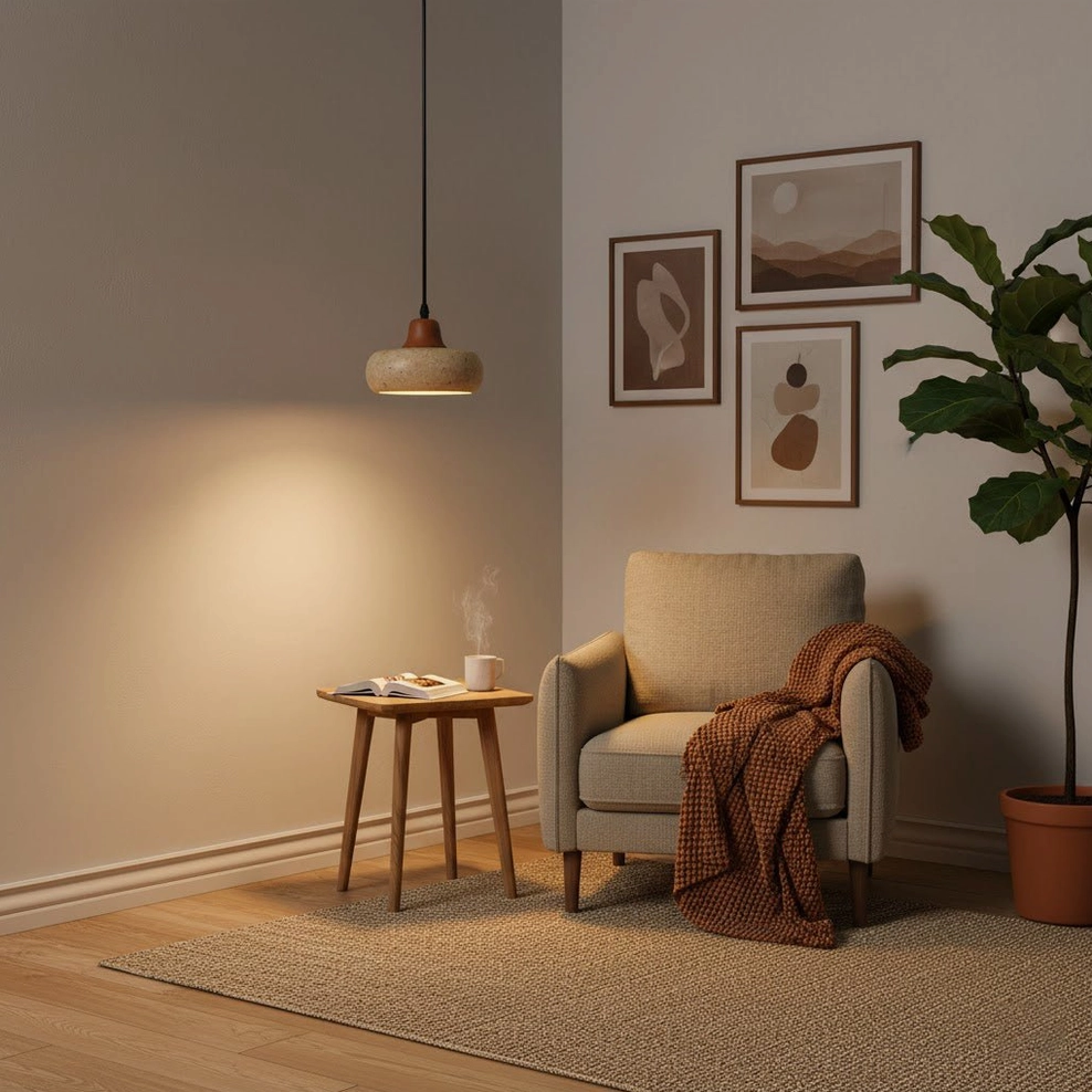 Single Wella travertine pendant illuminating cozy minimalist living room with warm ambient lighting
