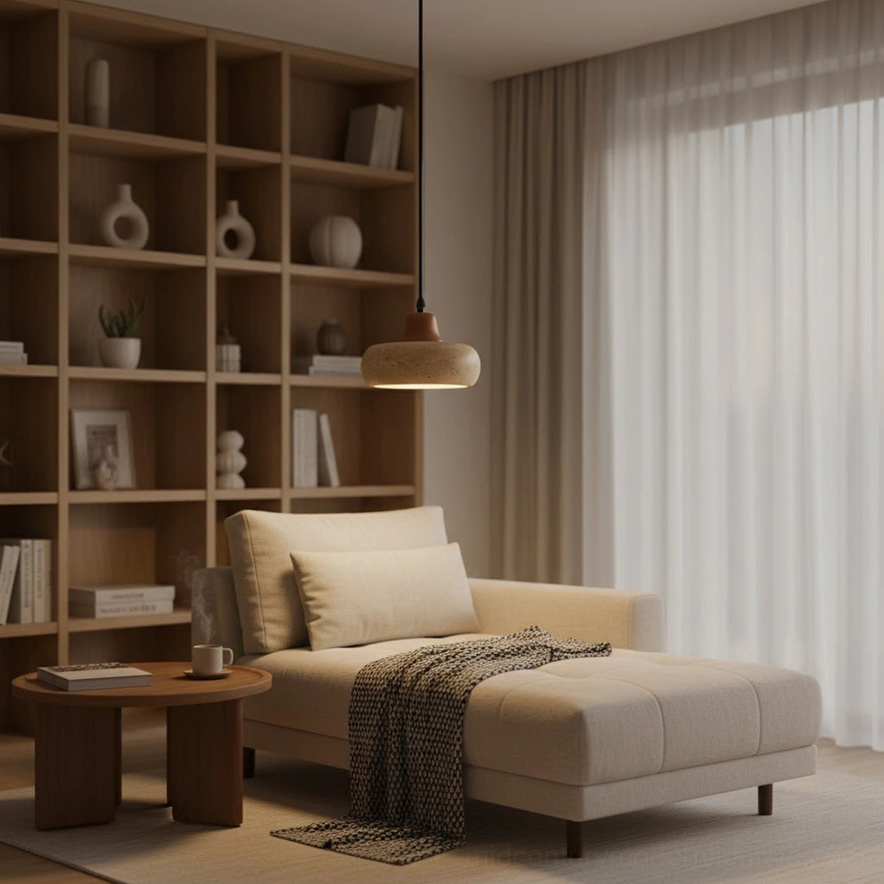 Two Wella travertine pendant lights in japandi-style lounge with warm minimalist aesthetic