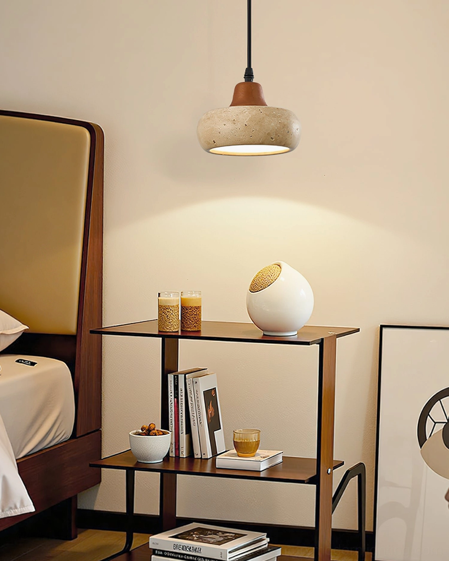 Natural yellow travertine texture and walnut wood finish on Wella pendant light
