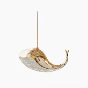 Whale pendant light sculptural gold metal acrylic shade modern minimalist design white background