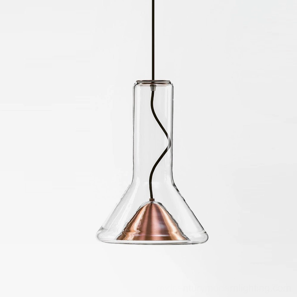 Whistle pendant lamp in clear glass with rose gold trim, mid-century modern Scandinavian design