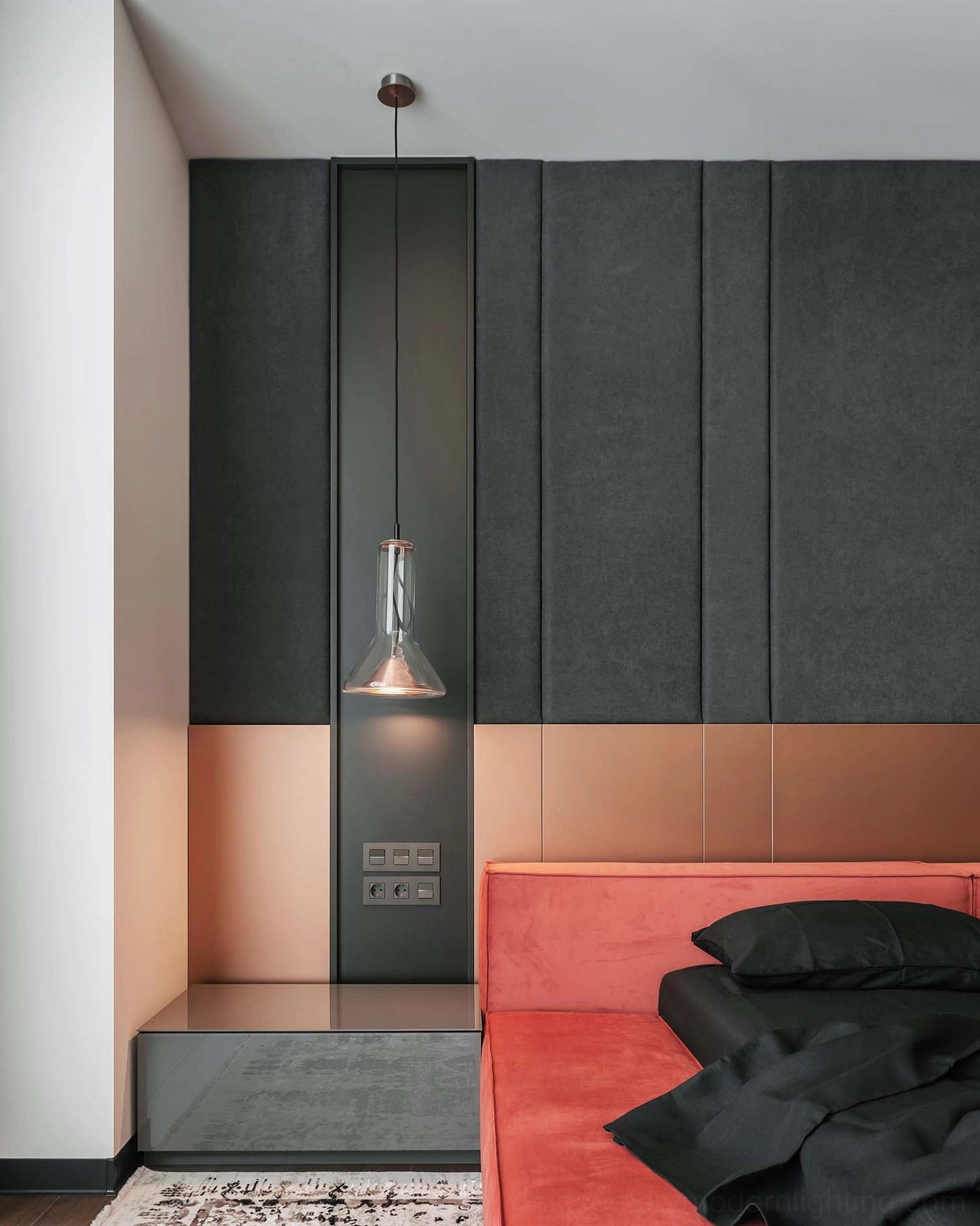 Whistle pendant lamp with rose gold trim variant on white background, contemporary design
