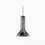 Whistle pendant lamp with smoke grey glass shown in studio lighting, modern minimalist industrial design