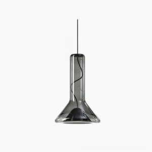 Whistle pendant lamp with smoke grey glass shown in studio lighting, modern minimalist industrial design