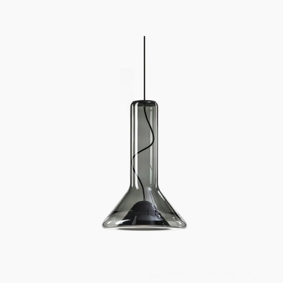 Whistle pendant lamp with smoke grey glass shown in studio lighting, modern minimalist industrial design