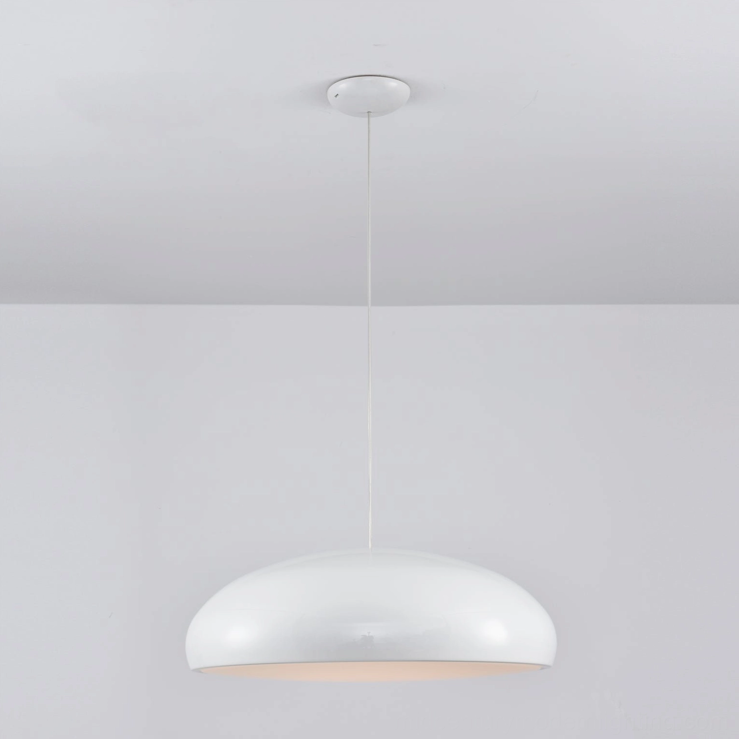 White glossy dome pendant light front hanging studio view mid-century modern ceiling fixture