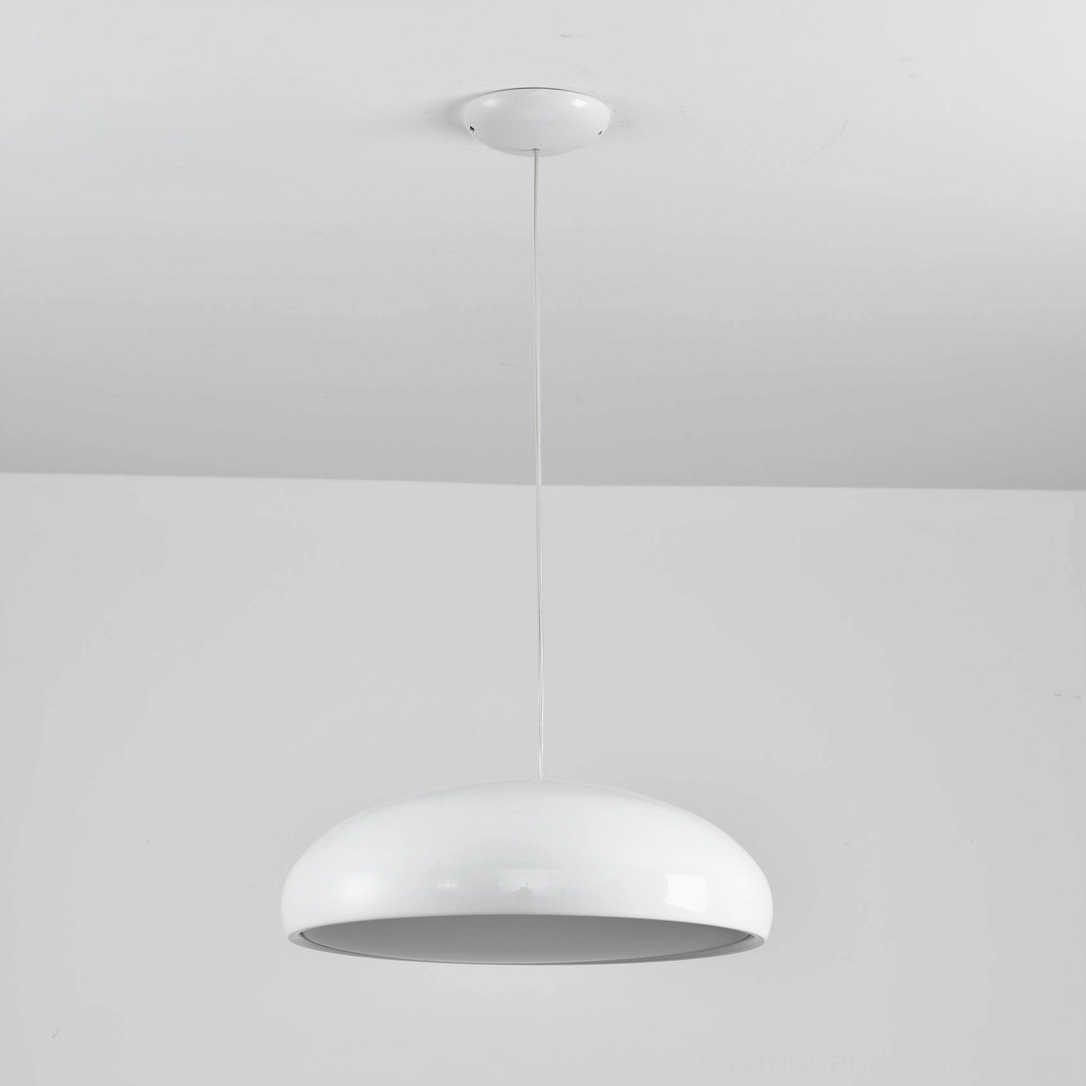 White dome pendant light with grey inner trim hanging view mid-century modern lighting