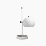 White adjustable ball bracket table lamp with spherical metal shade, studio front view on neutral background