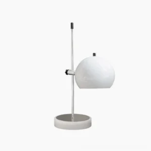 White adjustable ball bracket table lamp with spherical metal shade, studio front view on neutral background