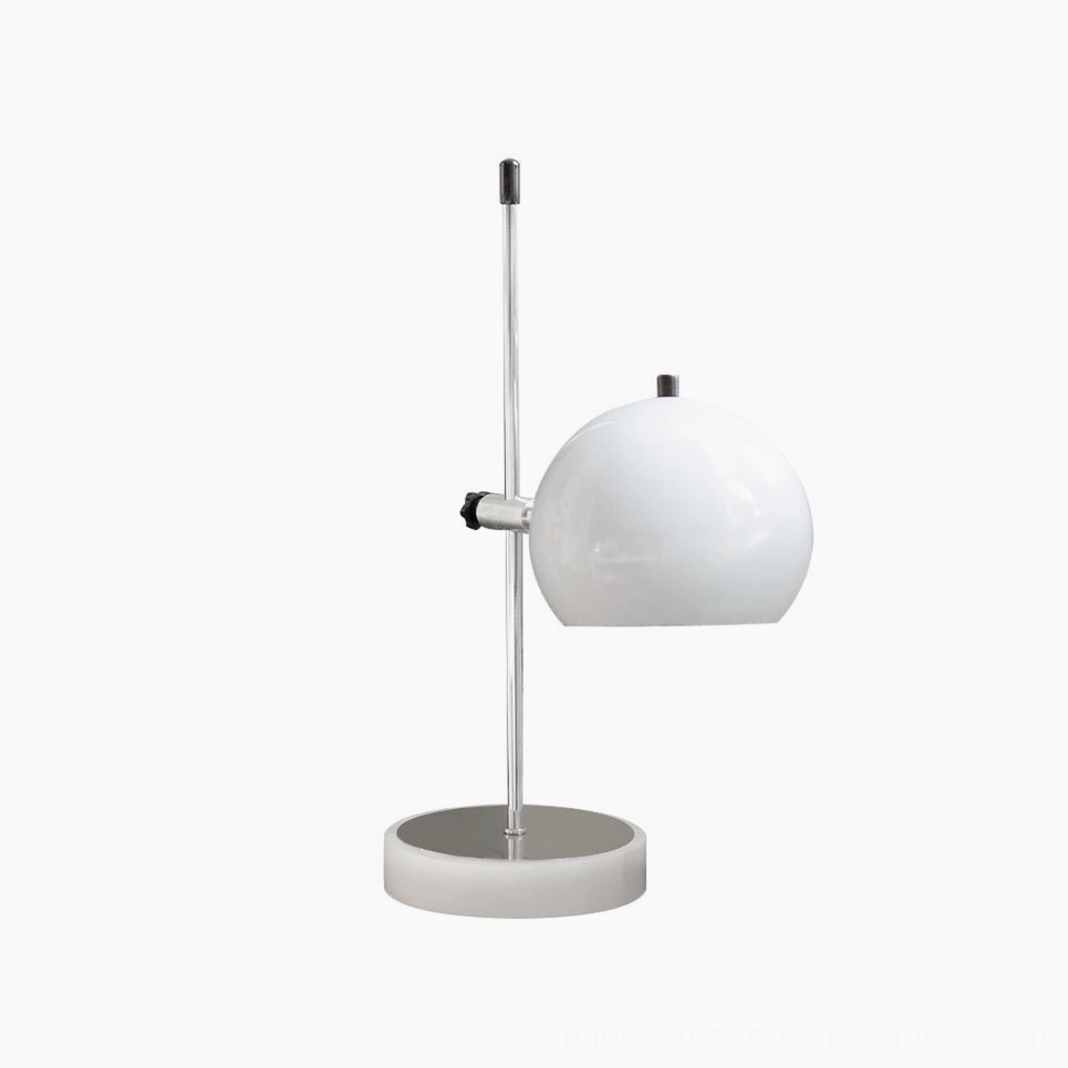 White adjustable ball bracket table lamp with spherical metal shade, studio front view on neutral background