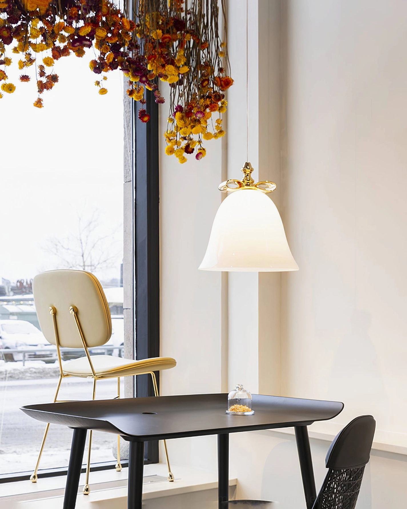 White bell pendant lamp window side dining snowy nordic luxury style