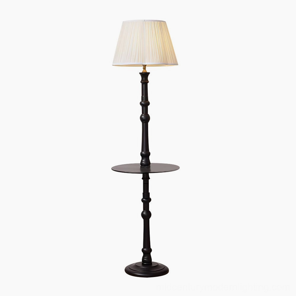 White and Black Mid-Century Modern Floor Lamp with integrated side table and pleated shade