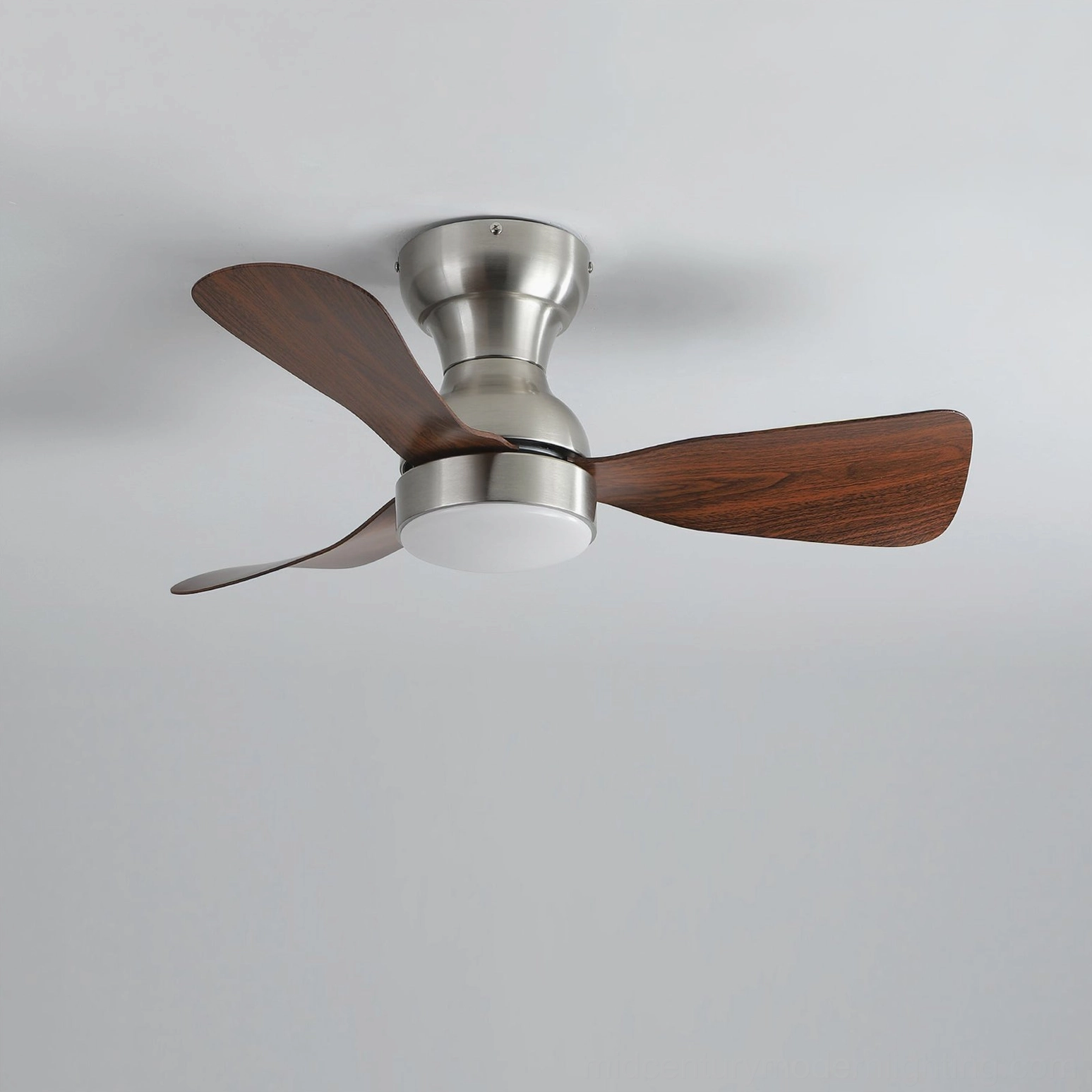White finish ceiling fan light with integrated LED and remote control in contemporary space, clean minimalist design