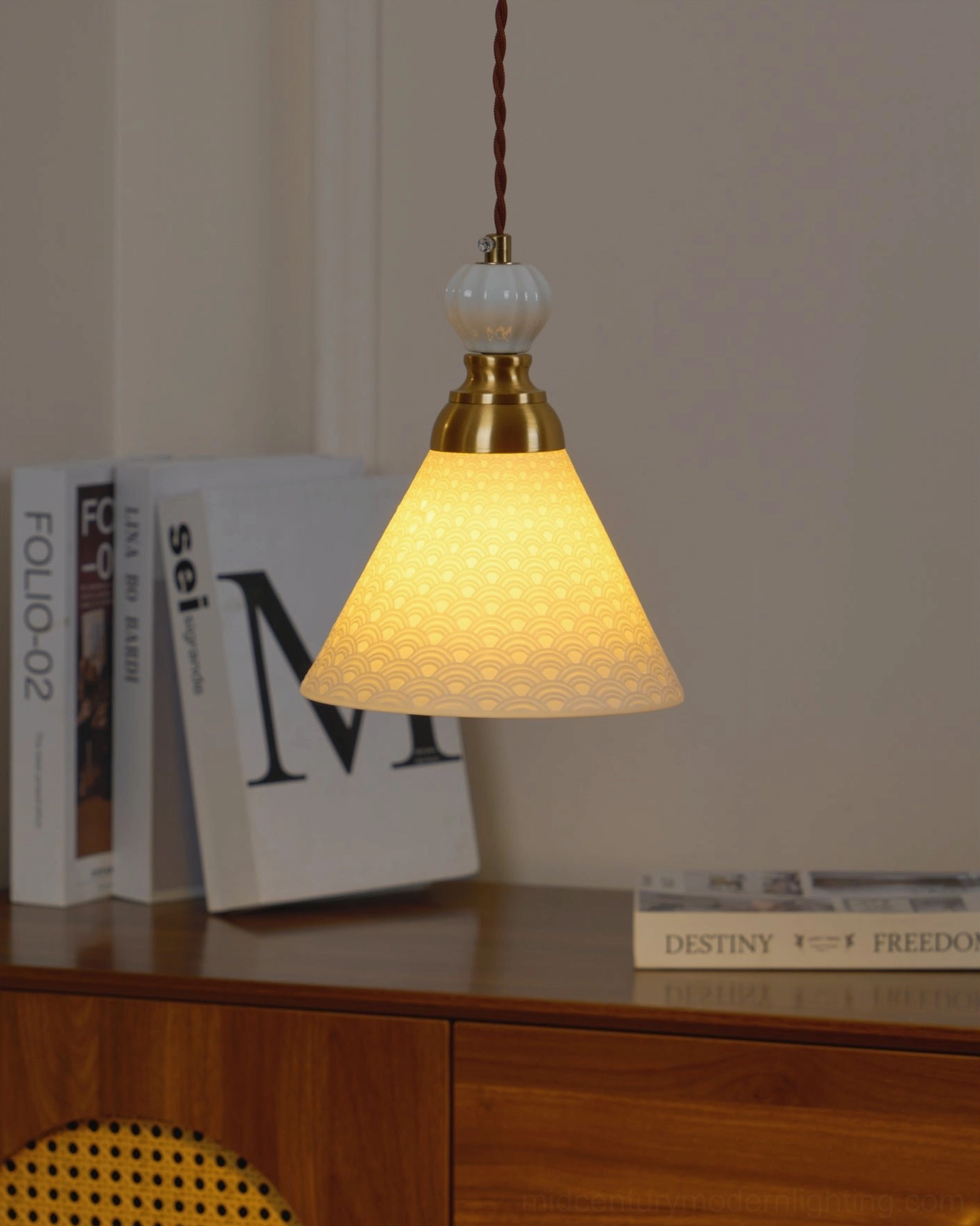 White ceramic handcrafted pendant lamp complete fixture with all components
