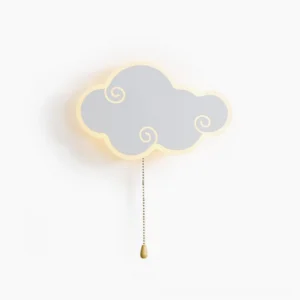 Cloud-shaped LED wall lamp with white finish and golden pull chain accent on neutral background