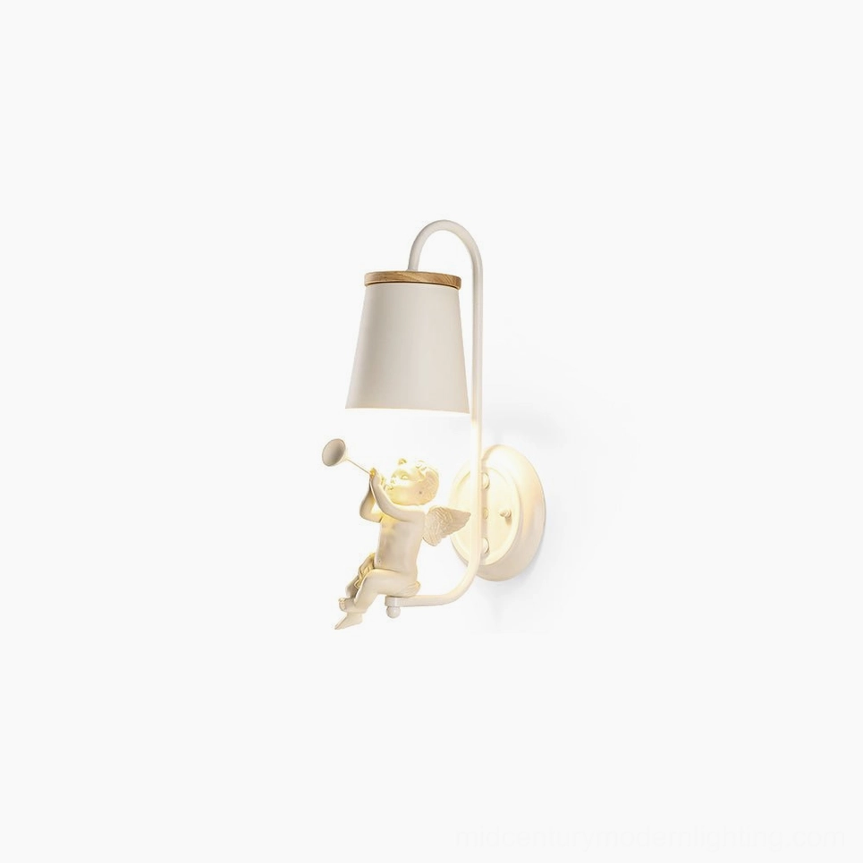 Angel wall sconce with white cupid figurine playing trumpet on neutral studio background - minimalist nordic design