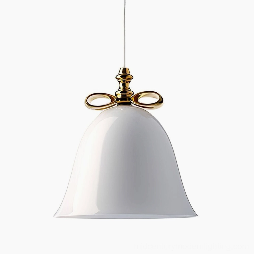 White glass bell pendant with white ceramic bow minimalist aesthetic