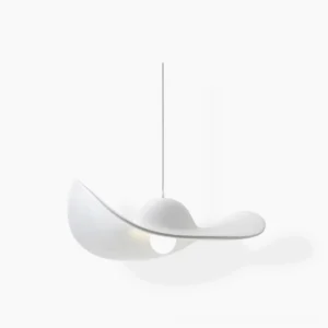 White modern straw hat pendant light with curved brim design, studio close-up shot