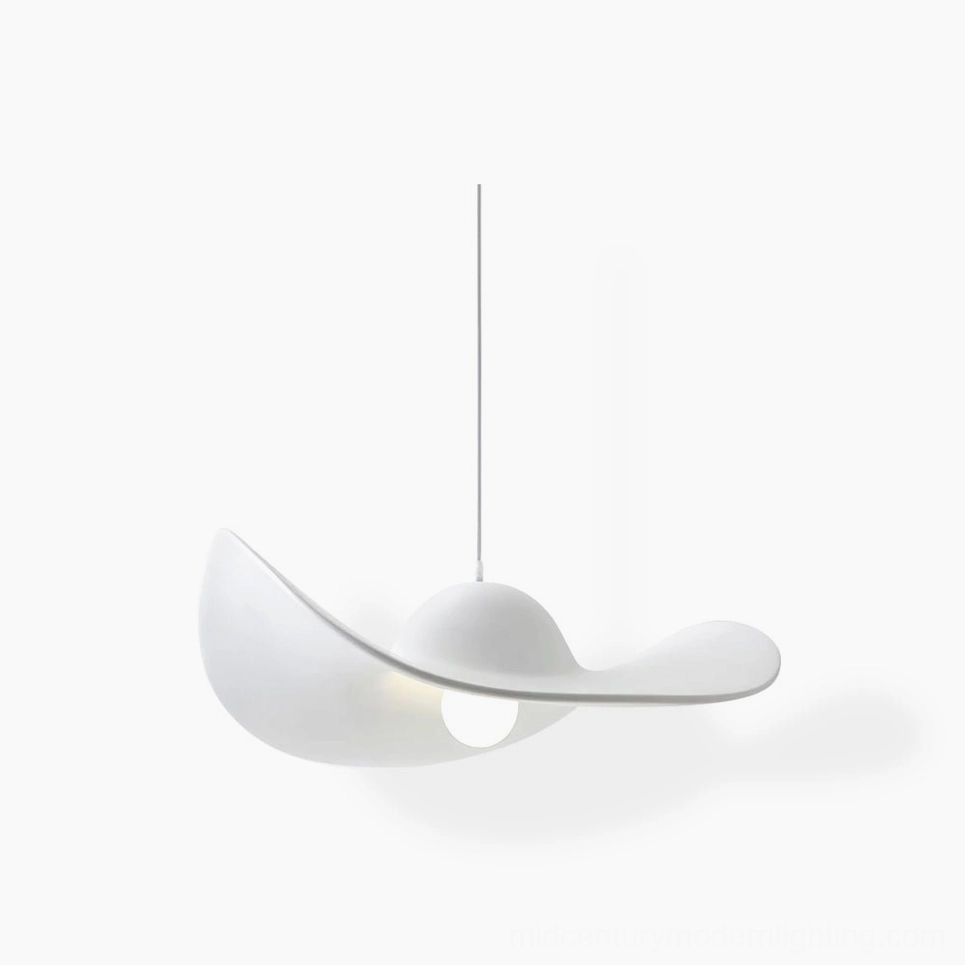 White modern straw hat pendant light with curved brim design, studio close-up shot