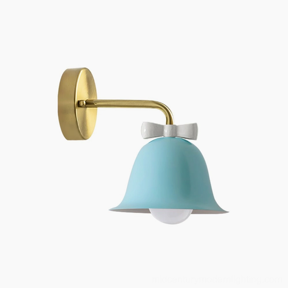 White and light blue Bow Bell Wall Lamp two-tone colorway in playful vintage interior