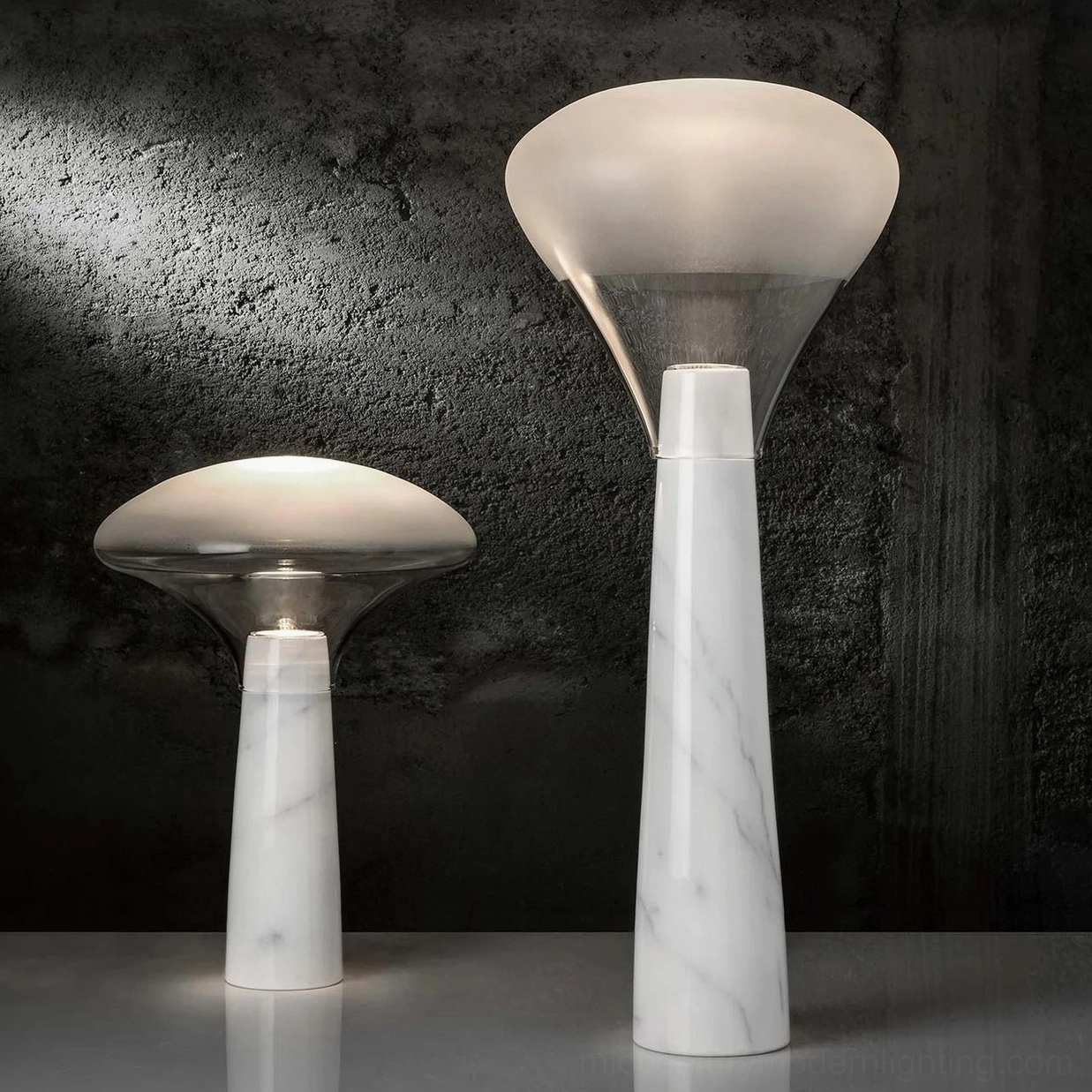 Luxury marble table lamps pair, white stone base with transparent glass domes, ambient lighting