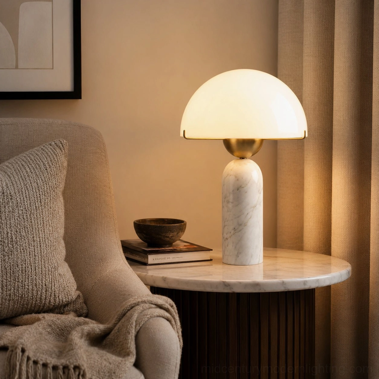 White solid marble table lamp providing moody ambient glow on cozy living room seating area near upholstered furniture
