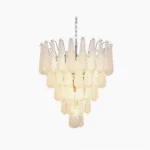 Hand-blown white Murano glass dewdrop chandelier with tiered quilted glass pendants and polished nickel metal frame, front studio view
