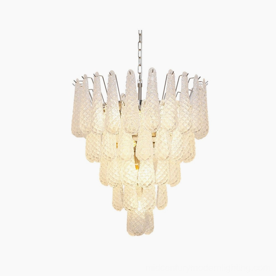 Hand-blown white Murano glass dewdrop chandelier with tiered quilted glass pendants and polished nickel metal frame, front studio view