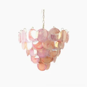 White Murano glass disc chandelier with cascading layered design, studio front view showing conical stacked structure and translucent glass discs