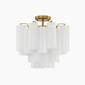 Hand-blown Murano tubular chandelier with white frosted glass shade and gold brass frame, luxury lighting fixture