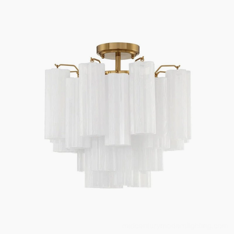 Hand-blown Murano tubular chandelier with white frosted glass shade and gold brass frame, luxury lighting fixture