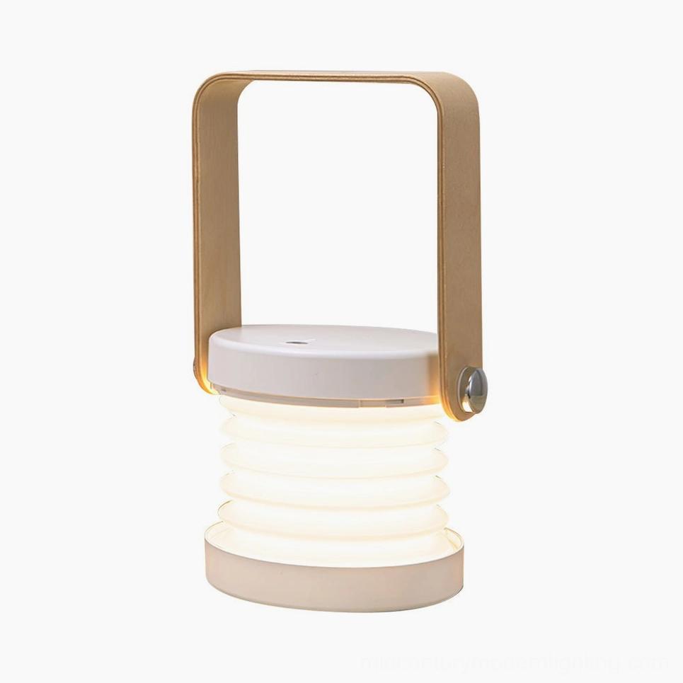 White and natural wood lantern table lamp, Nordic minimalist aesthetic with integrated LED illumination