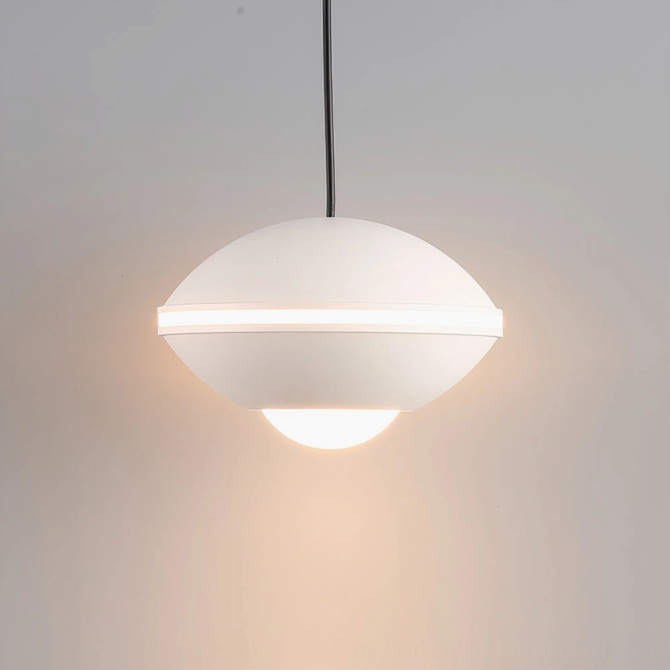 White finish minimalist disc pendant lamp, crisp contemporary design, clean interior lighting