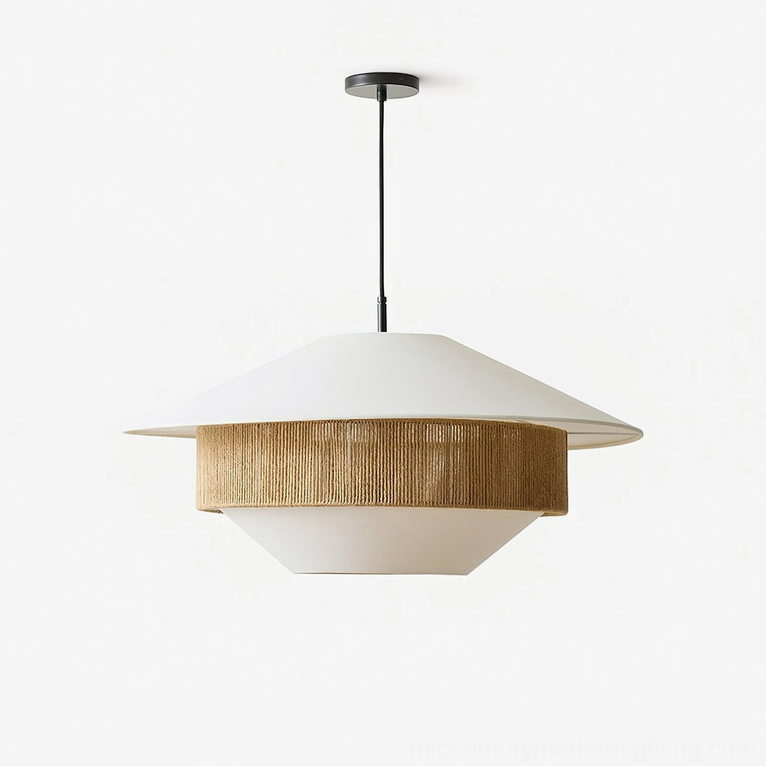 White and natural rattan mixed woven pendant light in contemporary home interior