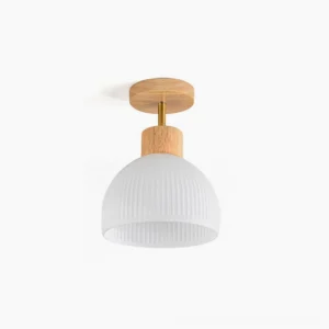 White ribbed ceramic semi-flush ceiling lamp with natural wood base, modern minimalist design