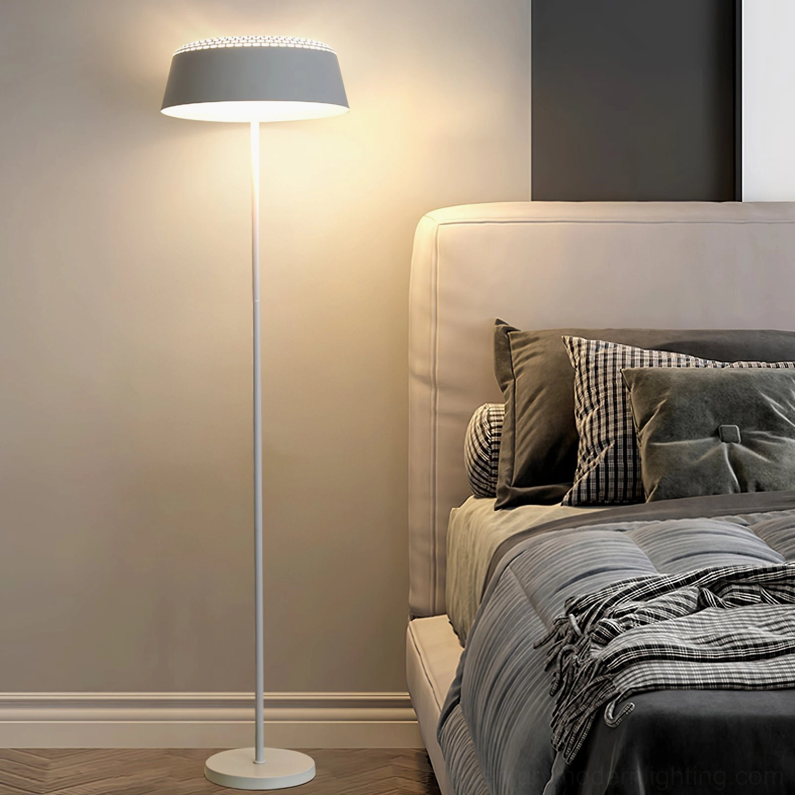 White ring floor lamp bedroom ambient lighting warm minimalist interior