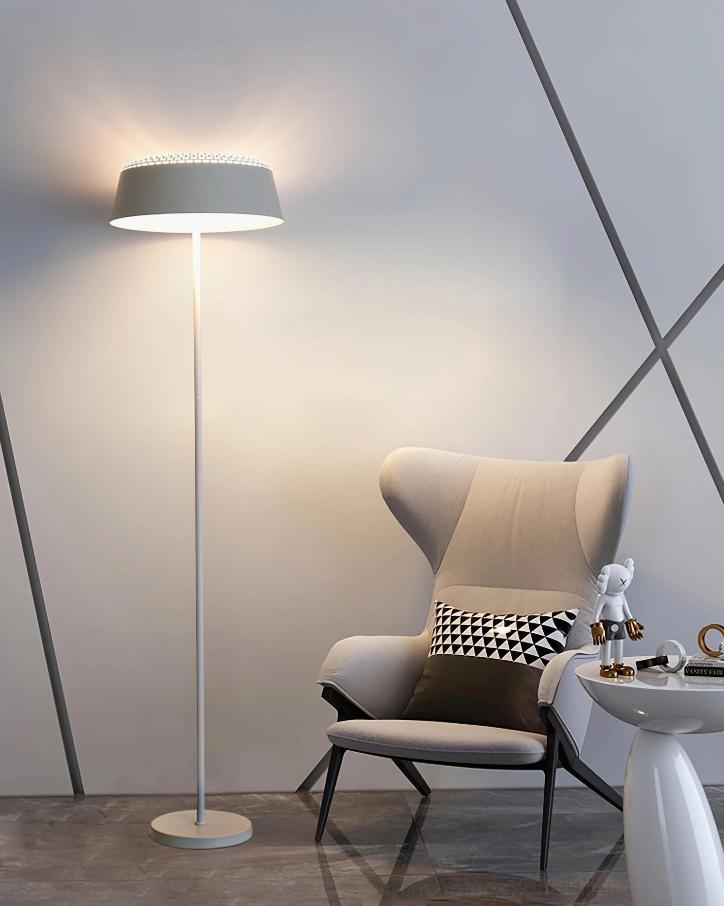 White ring floor lamp geometric wall accent minimalist living space