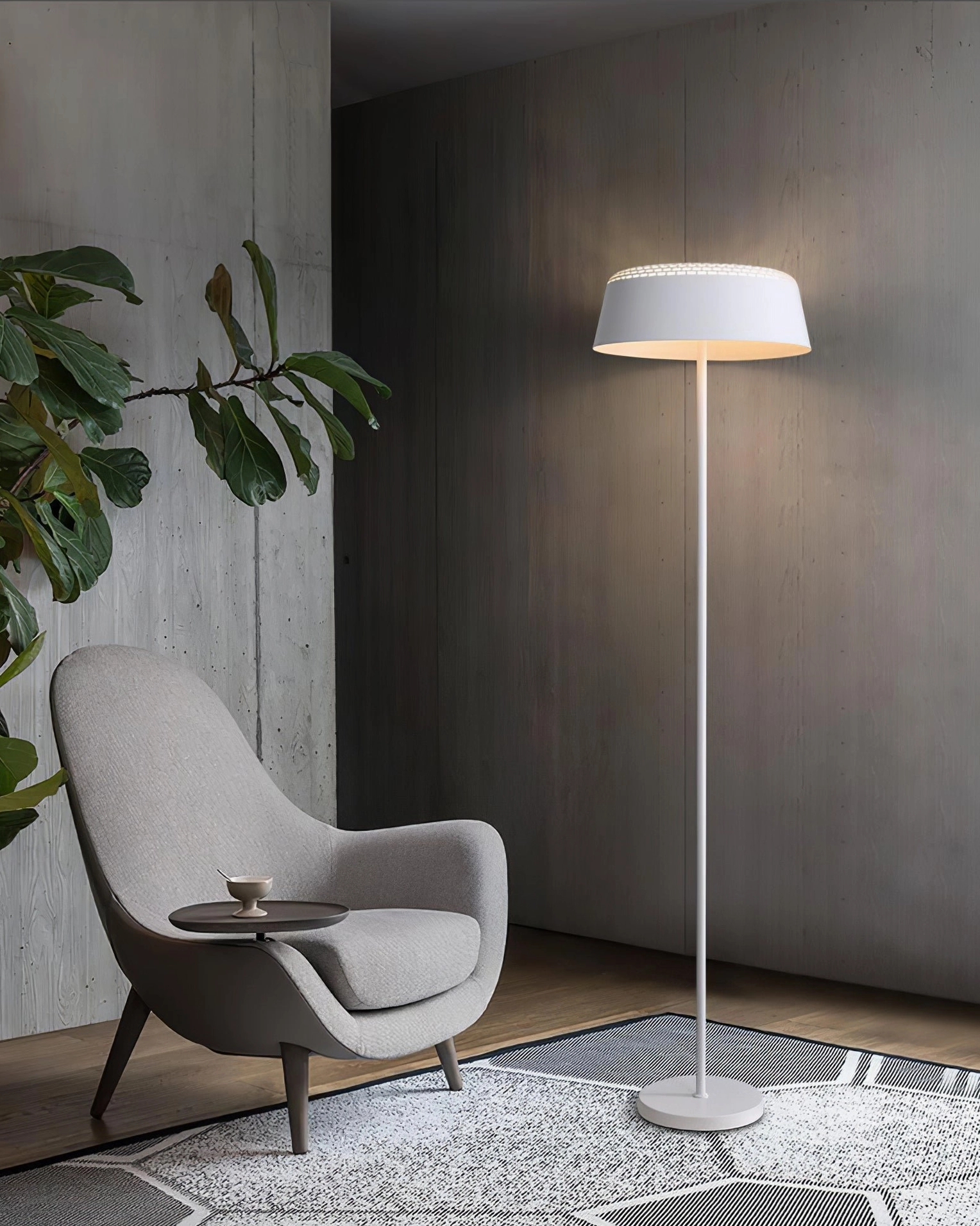 White ring floor lamp modern living room grey chair bright minimal