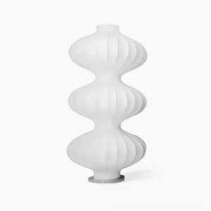 Silk gourd floor lamp with white mulberry silk shade and metal base, front view on plain background