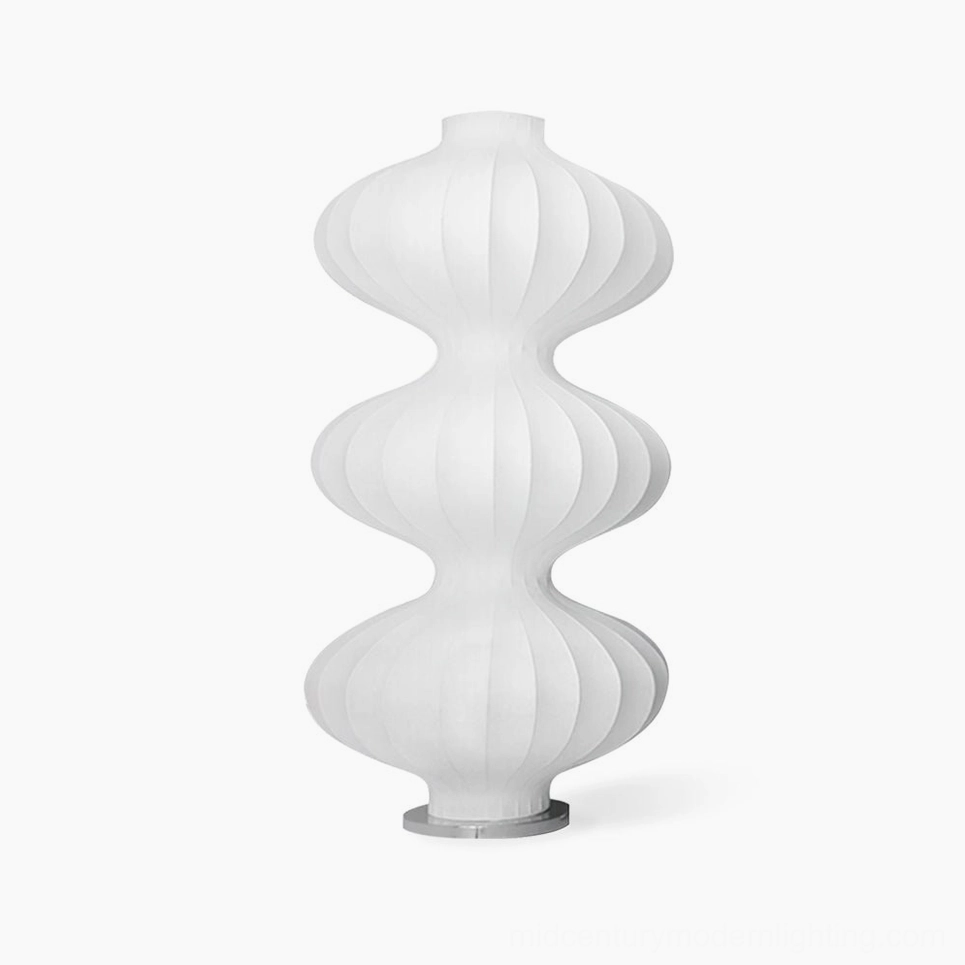 Silk gourd floor lamp with white mulberry silk shade and metal base, front view on plain background