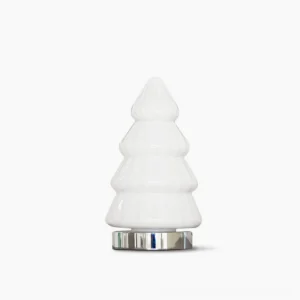 Modern white tree table lamp with polished chrome base and ceramic shade on plain background, minimalist Nordic design