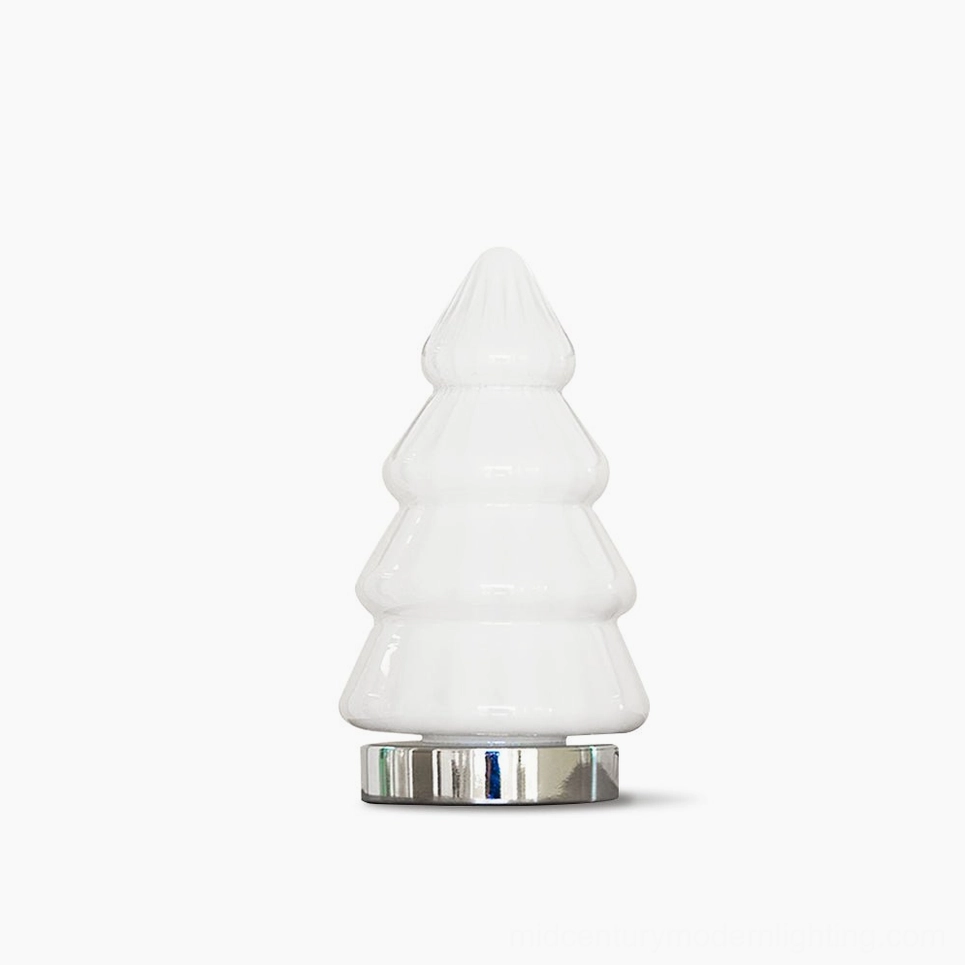 Modern white tree table lamp with polished chrome base and ceramic shade on plain background, minimalist Nordic design
