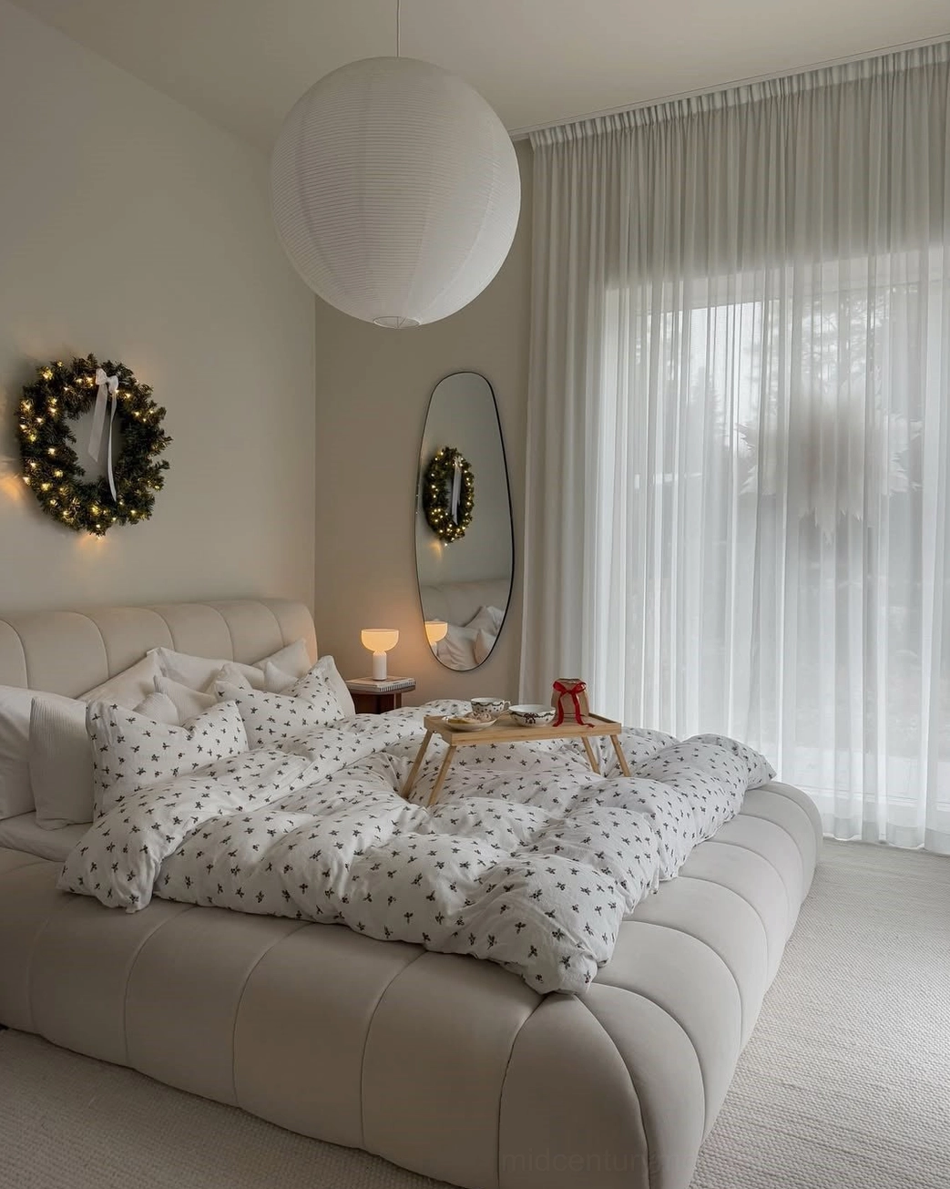 White washi paper sphere pendant light in contemporary interior with minimalist design aesthetic
