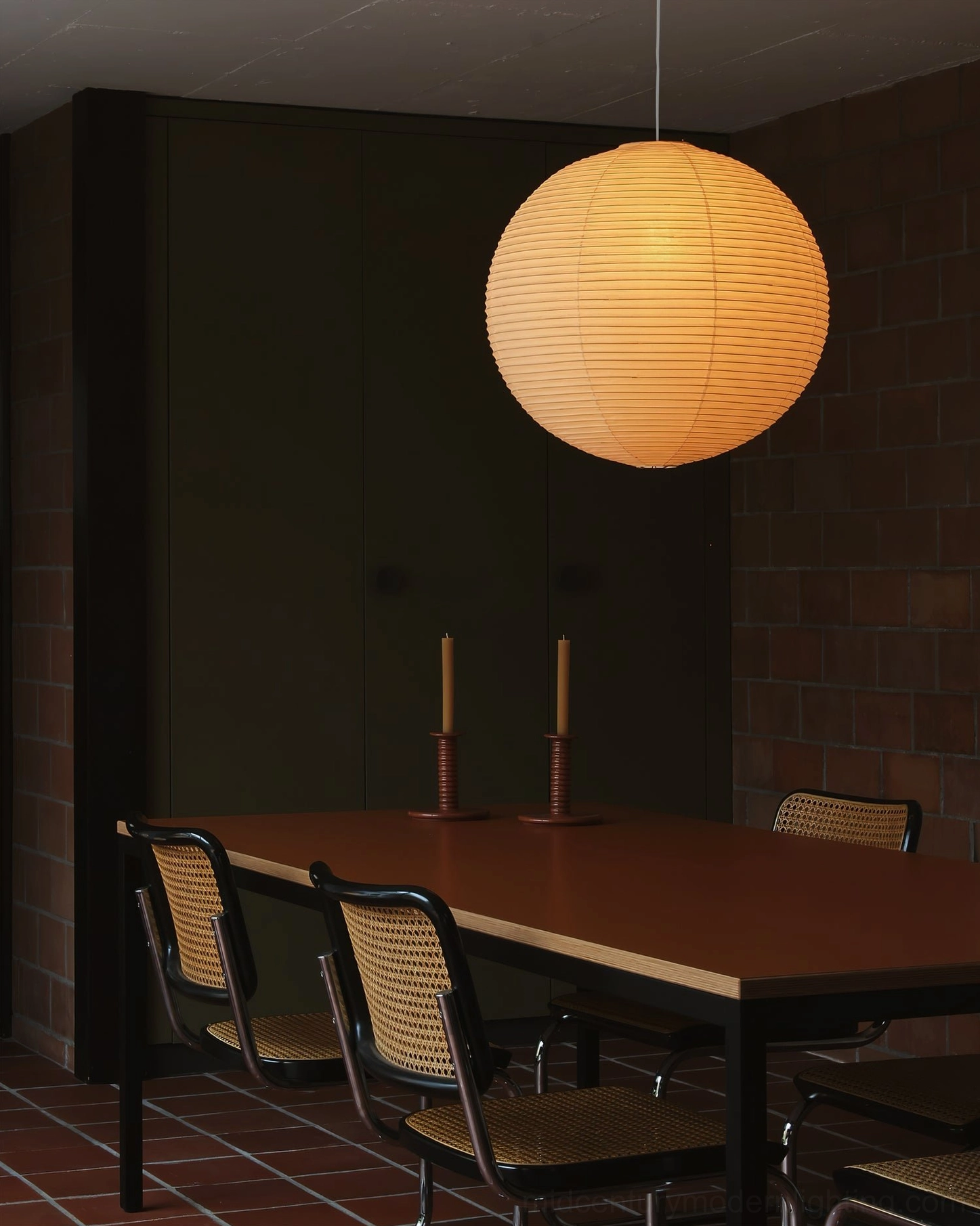White washi paper pendant light hanging view in minimalist interior setting