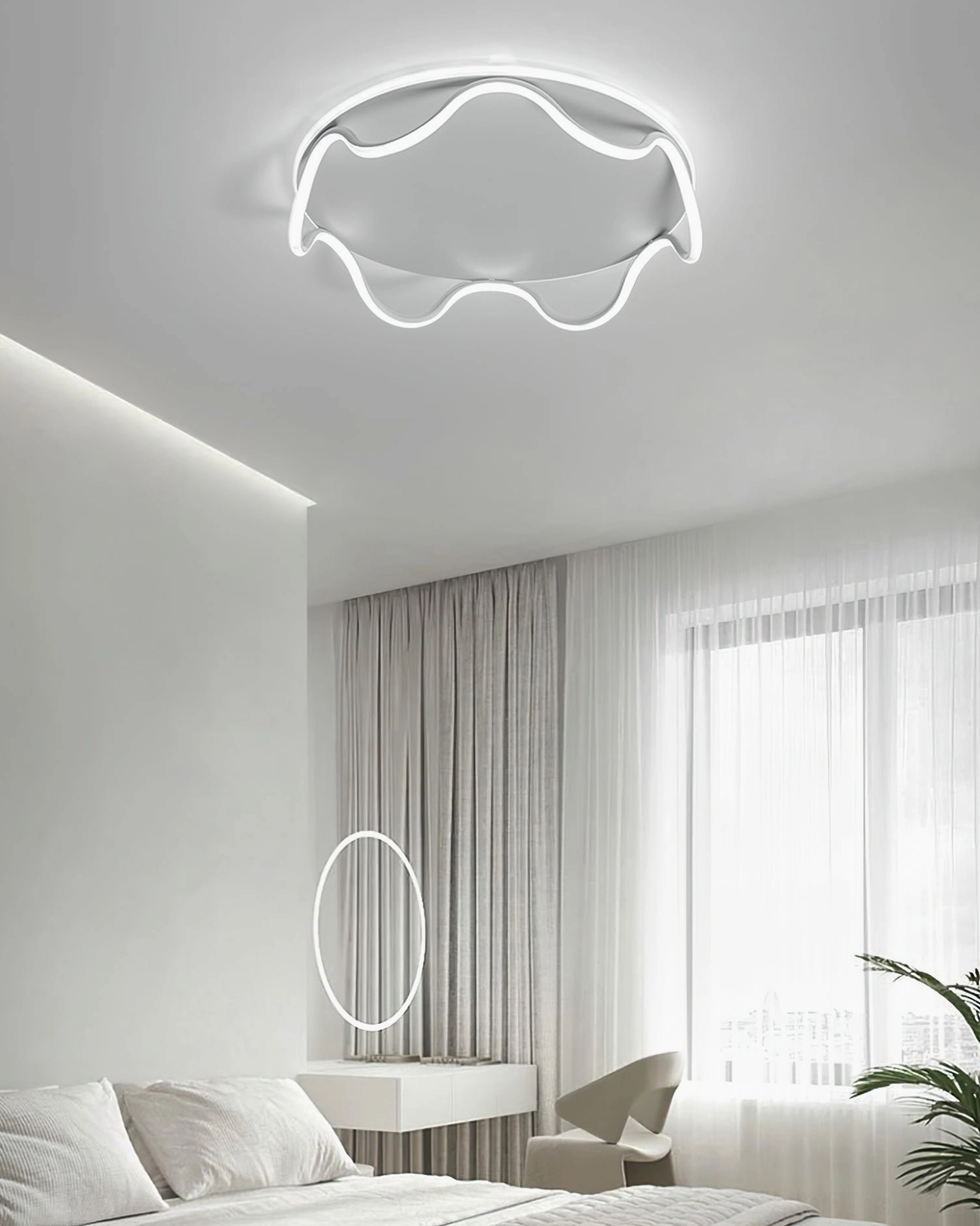 Bright white wavy ceiling lamp creating minimalist modern illumination in bedroom with sheer curtains