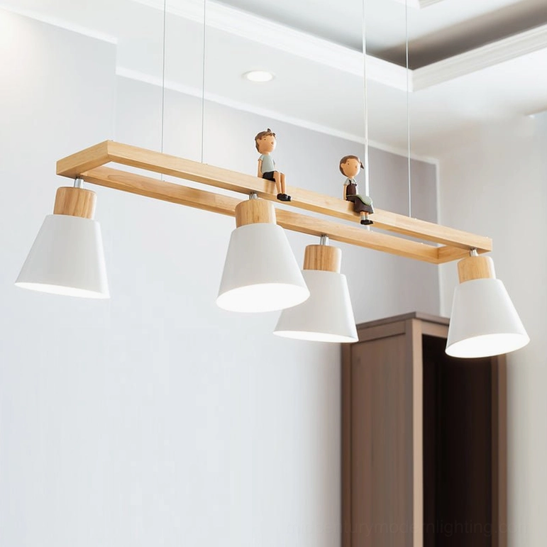 White finish four-head wooden cone pendant chandelier in Scandinavian minimalist style