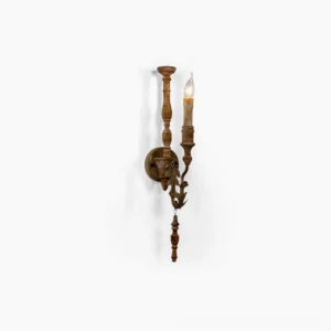 Whitey candlestick wall sconce with dual arms, brown weathered wood finish, front studio view
