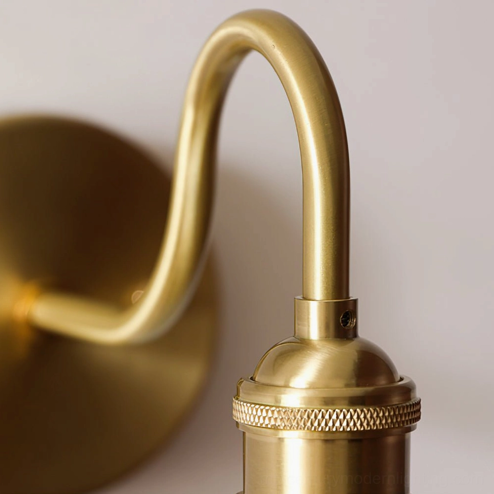 Whizzer mid-century modern brass wall sconce displaying gooseneck articulation and polished brass finish in contemporary interior setting